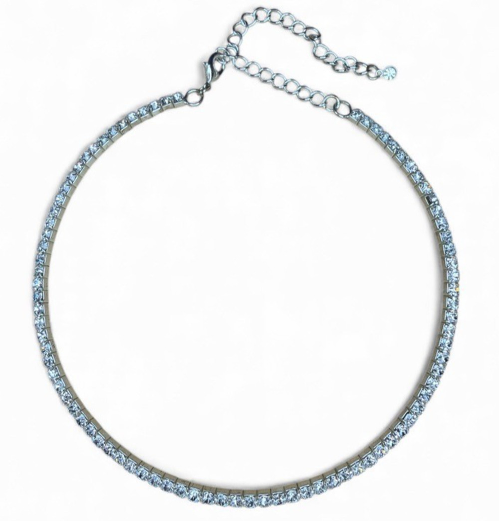 Rhinestone Necklace Tennis Choker Collar One Row Silver Crystal Zirconia GLAM